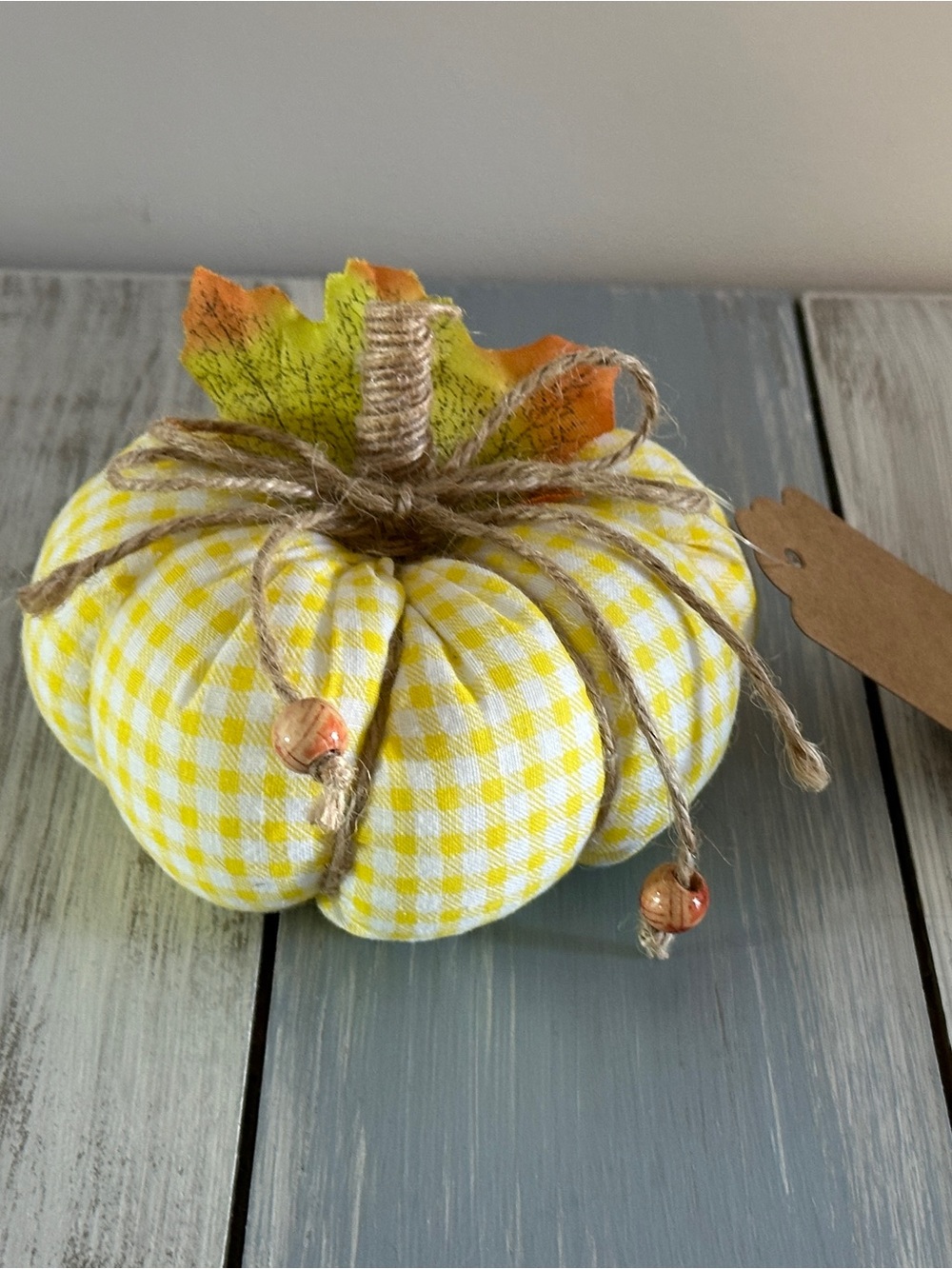 NWT Handmade Fall Pumpkin Decor Yellow & White  Plaid Fabric Cute! Thanksgiving